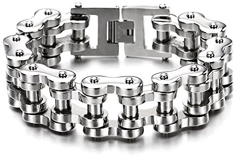 COOLSTEELANDBEYOND Men's Stainless Steel Bike Chain Link Bracelet with Fold Over Clasp, Chunky Motorcycle Chain, Biker Punk Jewelry Gift