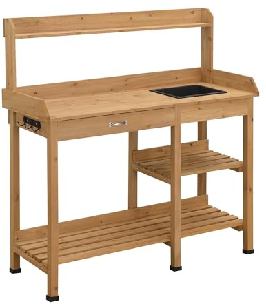 Convenience Concepts Deluxe Outdoors Potting Bench 46 - Garden Planting Station with Storage Shelves & Drawer, Weatherproof Horticulture Workstation for Backyard, Shed, Garage, Light Oak