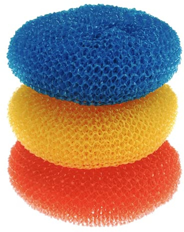 LOLA Plastic Mesh Scouring Pads - 3 Pack, 3.375 x 1.25, Non-Scratch Dish Scrubbers to Clean Dishes, Assorted Colors - Red, Blue & Yellow