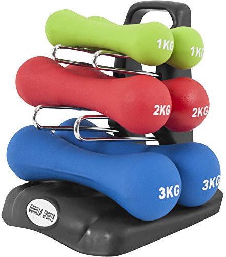 GORILLA SPORTS® Kurzhanteln Set - 12kg Hantelset, 2 x 1/2/3kg Gewichte, mit Hantelständer, Neopren Beschichtung, Gusseisenkern, Rutschfest - Hantelgewichte, Gymnastik Aerobic Hantelset
