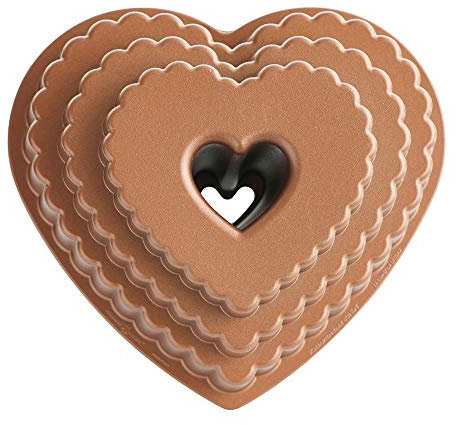 Nordic Ware Tiered Heart Cast Bundt Pan, Original Cast Aluminium Bundt Tin, Official Bundt Cake Tin with Heart Pattern, Premium Cake Mould Made in The USA, Colour: Toffee 89937, 12 Cup Capacity