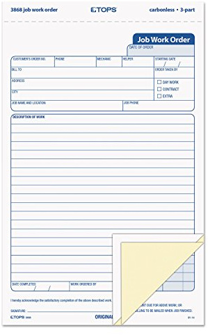 TOPS 3868 Snap-Off Job Work Order Form, 5 2/3 x 8 5/8, Three-Part Carbonless (Pack of 50 Forms)