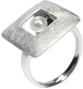 SILBERMOOS Damen Ring Damenring Platte quadratisch mit Perle gebürstet Sterling Silber 925, Größe:60