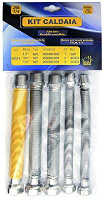 KIT HOSE PIPE FLEXIBLE EXTENSIBLE STAINLESS STEEL BOILER COOKER M/F MALE / FEMALE 1 x 1/2 YELLOW GAS USE , 2 x 1/2 AND 2 x 3/4 NAKED WATER USE 200/400 MM.estensibili small caldaia.