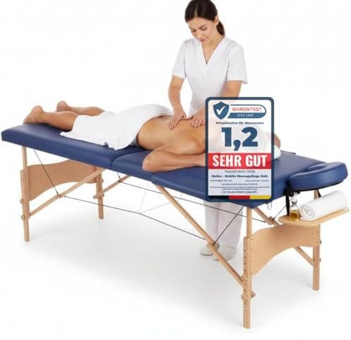 Melko Massageliege Massagebank mobil klappbar höhenverstellbar Holz Blau | 5 cm dicke Polsterung, PU-Leder wasser- und ölbeständig, kunststoffummantelte Stahlseile, inkl. Armlehnen und Schutzhülle