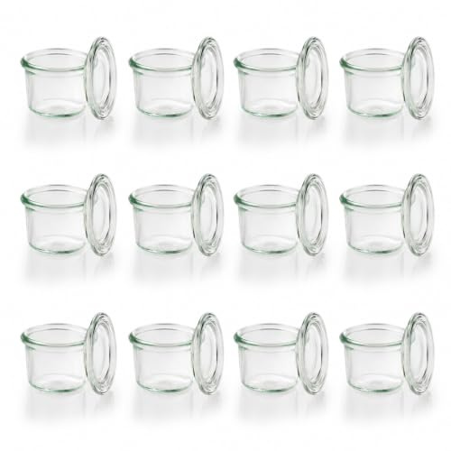 APS 82310 Einmach-Gläser, 12er Set 80 ml mit Deckel, 6 cm, H: 5,5 cm, Mini-Sturzform mit Glasdeckel, Einmachglas, Dekoglas, Dessertglas, Vorratsglas, spülmaschinengeeignet, Transparent