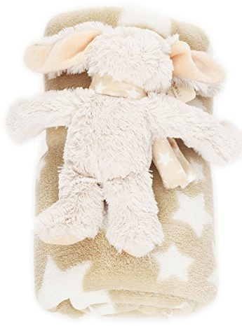 Zuckersüße Baby Kuscheldecke mit Stofftier, flauschige Schmusedecke, ideal als Geschenk BF 000033 (Beige/Stern)