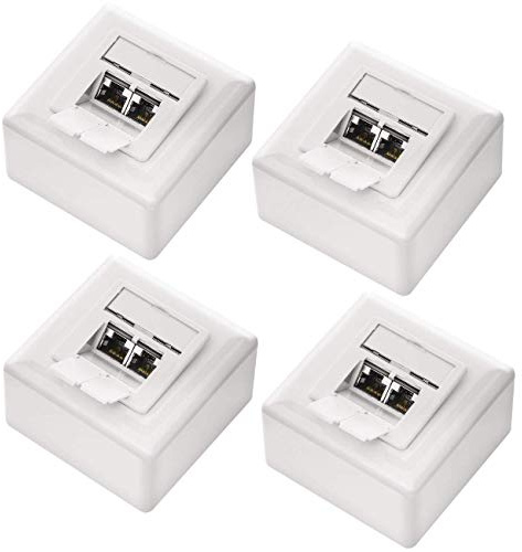 deleyCON CAT 6a Netzwerkdose 2x RJ45 Port 10 Gbit/s, 4 Stück - Weiß | Universal, geschirmt, Aufputz oder Unterputz, 10 Gigabit Ethernet Netzwerk, EIA/TIA 568A&B