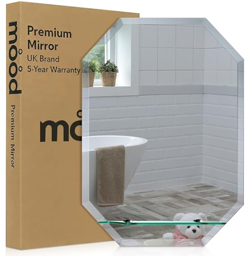 Neue Design Mood® Premium Octagonal Bathroom Mirror with Shelf, Anti-Rust Wall Mounted Bevelled Frameless Mirrors, Toilet Bedroom Hallway (60cm x 45cm)