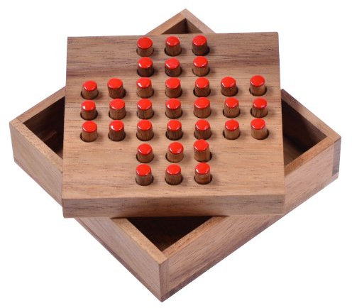 Solitär Gr. S - Solitaire - Steckspiel - Denkspiel - Knobelspiel - Geduldspiel - Logikspiel aus Holz - rote Stecker