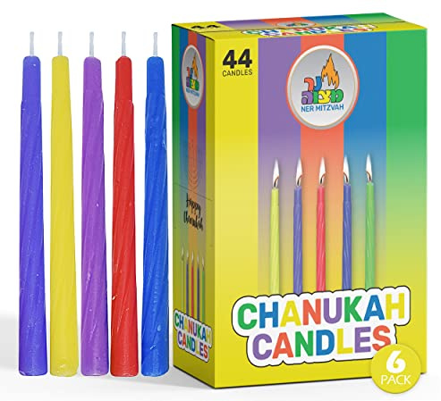 Ner Mitzvah Mehrfarbige Chanukka Kerzen Standardgröße - Tropffreie Menora Kerzen - Paraffinwachs In Premium-qualitä - 44 Kerzen pro Karton - 6er Pack