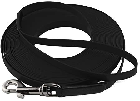 LENNIE Leichte BioThane Schleppleine, 19mm, Hunde ab 35kg, 5m lang, mit Handschlaufe, Schwarz, genäht
