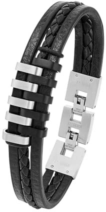 s.Oliver Armband für Herren, Leder/Edelstahl, IP Schwarz, Länge: 20-22 cm