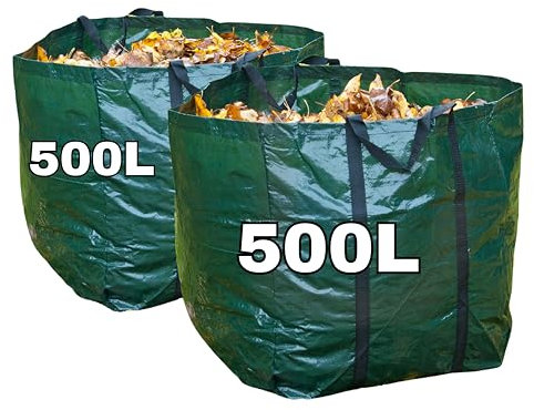 2x Heavy Duty Garden Waste Bags – Extra Large 500L Reusable Waterproof Sacks for Grass, Leaves, Rubbish, Branches – Strong Handles – by Speedwellstar