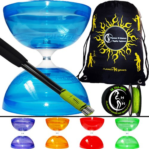 Flames 'N Games Juggle Dream TYPHOON Pro XL Diabolo Set + Pro Carbon Diabolo Sticks + 10m Ultra Spin Diablo Schnur & Diabolos Reisetasche (blau)