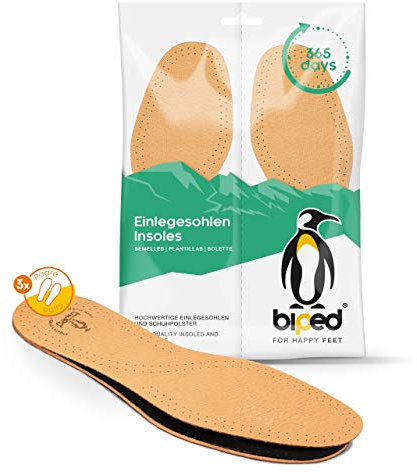 biped 3 Paar Premium Leder Schuheinlagen mit Aktivkohle - Sohlen gegen Schweißfüße - Weiche Leder Einlegesohlen Herren und Damen z1724(42-43)