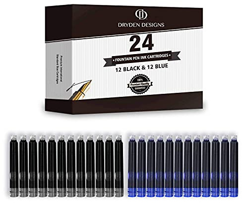 Dryden Designs Ink Cartridges for Fountain Pen | Set of 24 (12 Black & 12 Blue) - Short International Standard Size - Disposable and Generic Ink Refill Cartridges - Perfect for Calligraphy