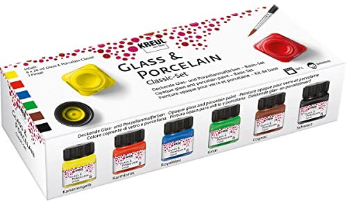 KREUL 16600 - Glass & Porcelain Set Classic, 6 x 20 ml in gelb, rot, blau, grün, cognac und schwarz sowie ein Pinsel, brillante, deckende Glas- und Porzellanmalfarbe auf Wasserbasis