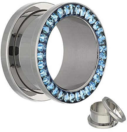 Treuheld KRISTALL FLESH TUNNEL in Silber mit BLAUEN Kristallen - 17 Größen: 2-30mm - schraubbar - mit Kristallschutz! - Piercing Ohr Flesh Tunnel - Blau - Chirurgenstahl 316L (nickelfreier Edelstahl)
