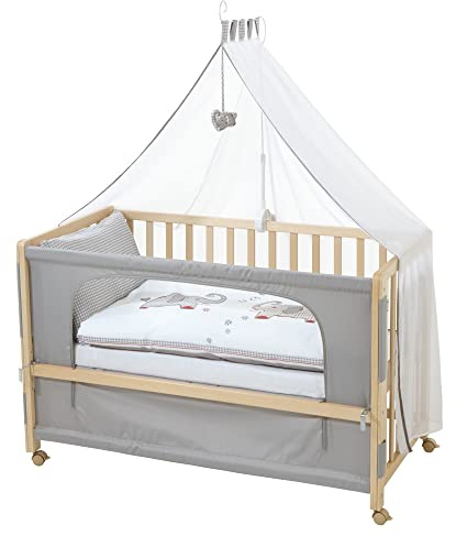 roba Cuna Colecho 60 x120 cm + Textiles Completos en Diseño de Elefante Jumbotwins - Colchón, Dosel y Ropa de Cama Infantil Incluidos - Madera Natural