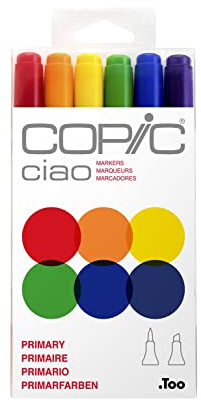 Copic Ciao färgad markörpenna – uppsättning av 6 primärt, för konst och hantverk, färgning, grafik, highlighter, design, anime, professionella och nybörjare, konsttillbehör och målarböcker