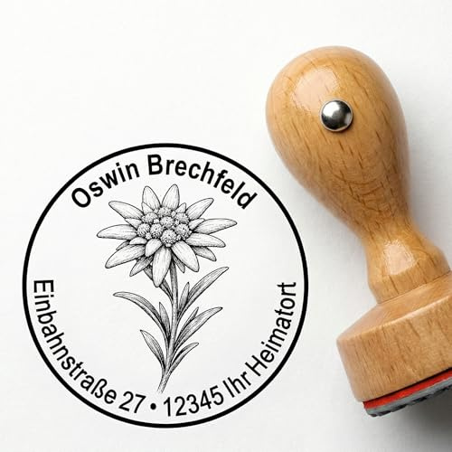 Stämpel trästämpel adressstämpel rostfritt vit diameter ca Ø 40 mm – med personlig adress och motiv – ädelvit växt Flora Fauna