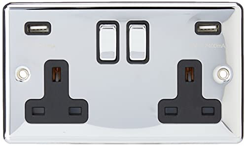 AET CPC2GUSBBC Polished Chrome Classical 2 Gang w Charging Ports Black Insert Metal Rocker Switches-13 Amp Double Plug Socket & Dual USB Power Outlet