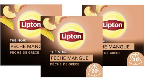 Lipton Thé Noir Pêche & Mangue, Label Rainforest Alliance 60 Sachets (Lot de 3x20 Sachets)