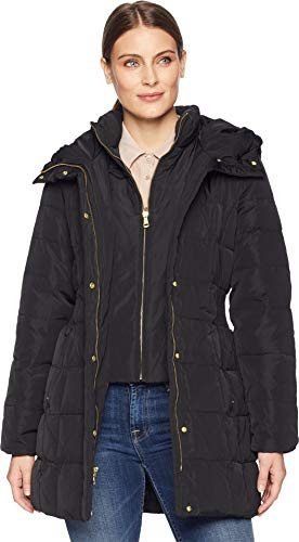 Cole Haan Women's Taffeta Down Coat with Bib Front and Dramatic Hood, Black, Large