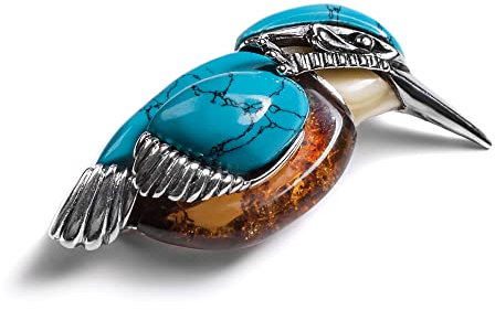 Kingfisher Brosche Vogel Silber, Türkis und Bernstein