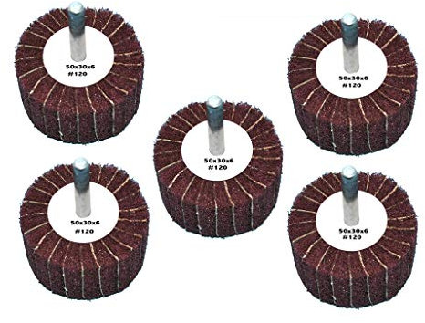 5 Stück Fächerschleifer mit Vlies-Gewebekombination 50mmx30mm, 6mm Einspannschaft, Körnung: 120 - Schleifmopstift, Lamellenschleifer, Schleifmop Schleifvlies, Lamellenrad mit Schaft.