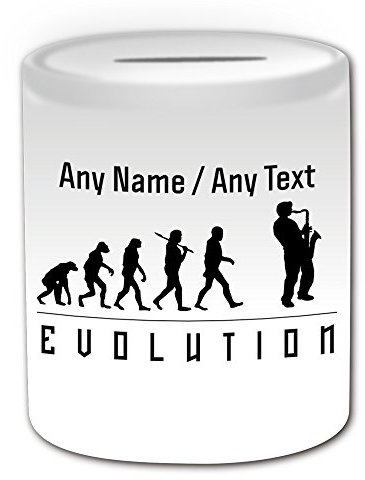 Personalisiertes Geschenk – Saxophon Spardose (Evolution Design Thema, weiß) – alle Nachricht Name auf Ihre einzigartige – Player Silhouette Outline Contour Event Hobby Klassische Musik Saxophon Jazz