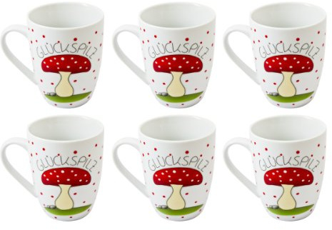 BOLTZE Becher, Tasse 'Glückspilz' aus Porzellan, 300ml (6 Stück) Kaffeebecher Kaffeetasse