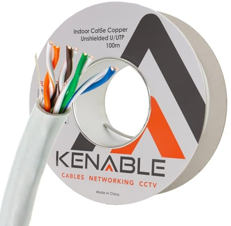 kenable Indoor CAT5e Ethernet Network Cable 100m Reel Grey | Solid Core Copper 24AWG U/UTP 4 Pair | For Structured Wiring Patch Panels RJ45 Face Plates