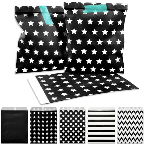 Frau WUNDERVoll® 100 Papiertüten schwarz weiße Sterne, 13 x 16,5 cm, 45 Gramm Papier, flach/Candy Bar, Hochzeit, Kindergeburtstag, Papiertütchen, Candybag, Tüten, Mitgebseltüten