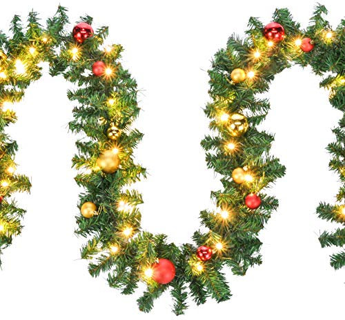 Haushalt International Tannengirlande aussen 5m - Grüne Girlande mit Lichterkette (80x LED), 5 Meter Girlande mit Licht und Kugeln als Weihnachtsdeko aussen