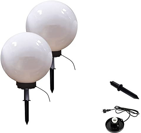 2x Außen-Kugel-Leuchte MARLON Drm.: 20cm, Kugel Kunststoff weiß, E27, Spritzwasserschutz IP44, mit Erdspieß. Dekorationsleuchte Rasenbeleuchtung Außengelände Eingangsbereich Gruppenbeleuchtung