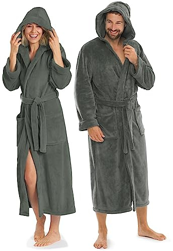 aqua-textil XS-XXXL Bademantel Kapuze Uni lang aufgesetzte Taschen Damen Herren Unisex Mikrofaser Kuschelfleece OEKO-TEX
