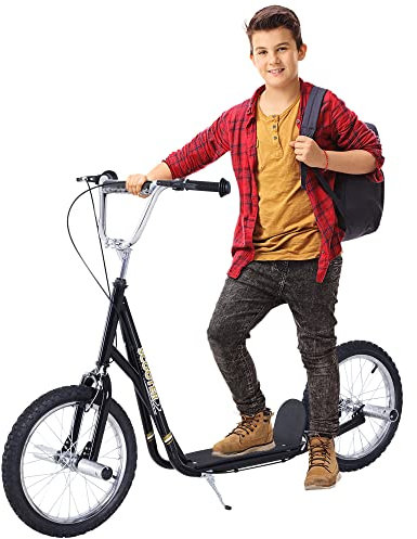 HOMCOM Kinderroller mit Luftreifen Kickscooter Scooter Tretroller Cityroller für Kinder Kickboard 16 Zoll ab 5 Jahre Höhenverstellbar Schwarz 143 x 58 x 92-100 cm