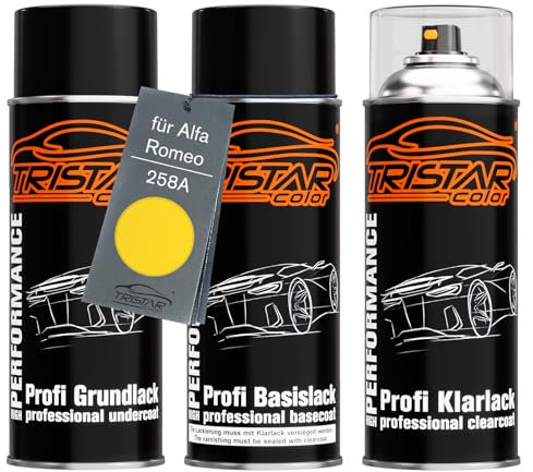 TRISTARcolor Vernice per auto Kit bombolette spray per Alfa Romeo 258A Giallo Ginestra vernice di fondo vernice di base vernice trasparente bomboletta a spruzzo 400ml