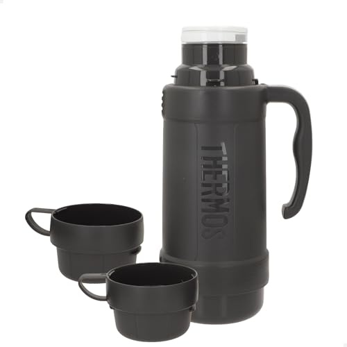 Thermos Botella térmica, Gris, Incluye 2 Tazas, Asa ergonómica, Aislamiento Doble Pared, Rendimiento térmico 12 Horas Calor, 24 Horas frío, Botellas Termo