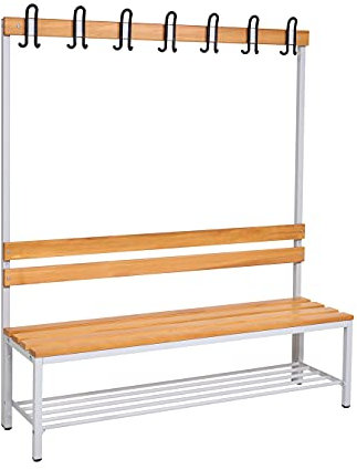 furni24 Umkleidesitzbank mit Stahlrahmen, Garderobenbank Sportraum Bank für Fitnessstudio Buche Echtholz, lackierter, Hakenleiste und TÜV/GS getestet - 150 cm Einseitige mit Schuhrost - Grau