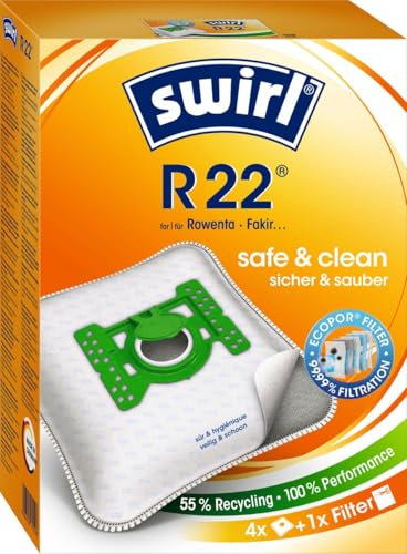 Swirl R 22 EcoPor Staubsaugerbeutel (4 Beutel), reißfeste Staubbeutel für einige Rowenta & Fakir Staubsauger, 99,9 % Filterung von Hausstaub & allergenem Feinstaub