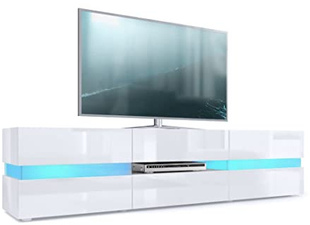 Vladon Buffet Bas Flow, Meuble TV avec vitre d’Ambiance rétroéclairée, 2 Portes, 1 tiroir et 1 clapet, Blanc Haute Brillance/Blanc Haute Brillance, éclairage LED Inclus (177 x 45 x 39 cm)