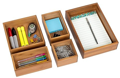 Seville Classics Bamboo Premium Organizer Storage Bins for Kitchen Silverware, Pantry, Closet, Office Desk, Pens, Utensils, Makeup, K Cup, Bamboo, Bin Set (5 Piece)