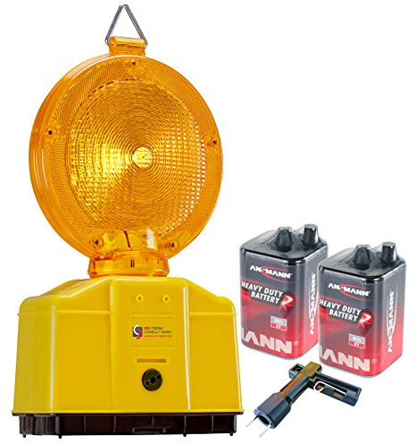 Baustellenleuchte, LED, Warnleuchte gelb - mit Secura-Halter, inkl. 2 x 6 Volt Batterien und 1 x Lampenschlüssel