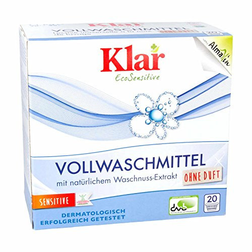 Klar Vollwaschmittel Pulver Sensitive 1,1kg - 20 Ladungen - Allergiker Waschpulver ohne Duft - Bio Waschmittel Pulver mit natürlichem Waschnuss Extrakt - VEGAN & Enzymfrei