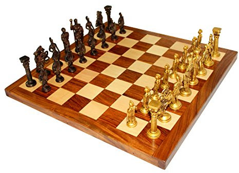 StonKraft Sammlerstück Akazienholz Schachspiel Brett und Messing Römische Figuren Set (Braun)