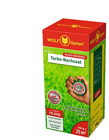 Wolf-Garten 127010 Turbo reseeding Renovation LR25 (for 25 m², high Density with Approx. 70,000 Shoots/m², Suitable for All Lawn Types, Germ Guarantee, 500 g in Folding Box), red/Yellow