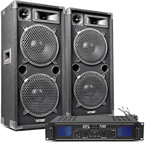 DJ Amplifier & Speakers Package - Max210 Dual 10 Passive DJ Speakers Pair, Skytec SPL700 Power Amp & Cables - 700W 3-Way Sound System for Mobile DJs & Live PA Events